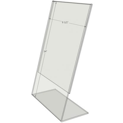 TB8514 - 8.5" X 14" angled tilt (Portrait) - Tilt Back Acrylic Sign Holder - Standard - 1/8 Inch with Horizontal Business Card Holder